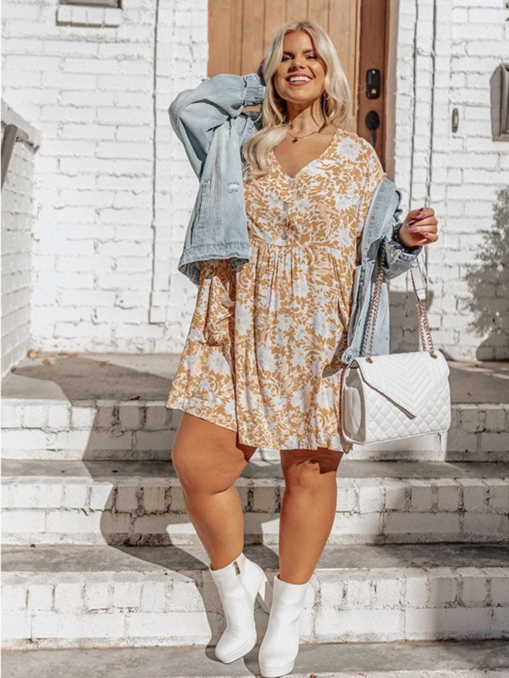 Impressions Floral V-Neck Babydoll Dress in Golden Yellow Size 2X